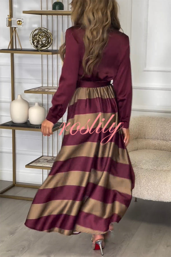 Lindsey Satin Colorblock Contrast Long Sleeve Belted Shirt Maxi Dress