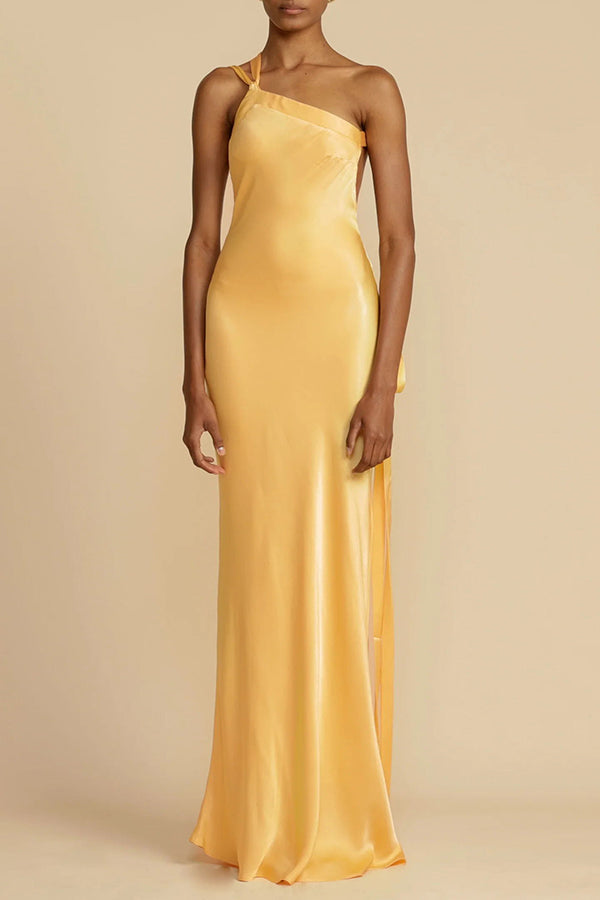 Moonlit Soiree Satin Asymmetrical One Shoulder Backless Strap Maxi Dress