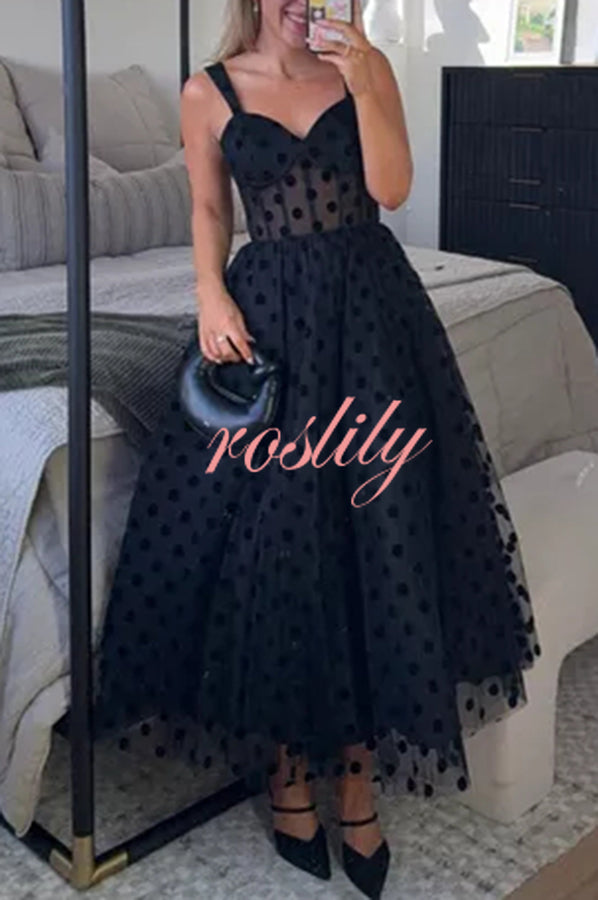 Perfect Guest Tulle Polka Dot Sweetheart Bustier A-Line Midi Dress
