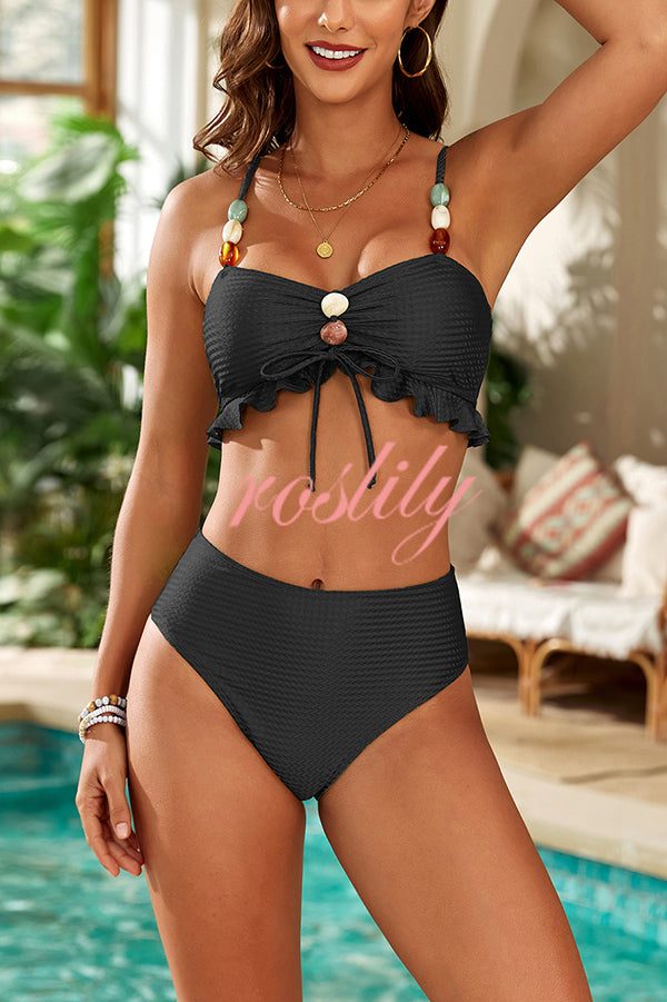 Solid Spaghetti Strap Beaded Two-piece Stretch Bikini Swimsuit