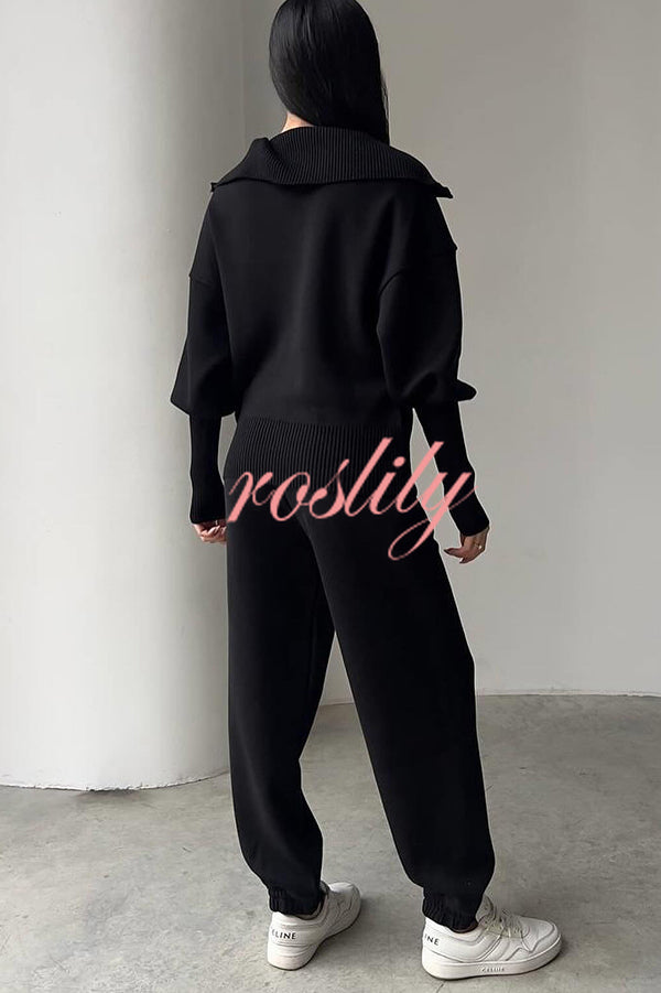 Solid Color Long-sleeved Zip-up Sweatshirt and Elastic Waist Loose Pocket Pants Set