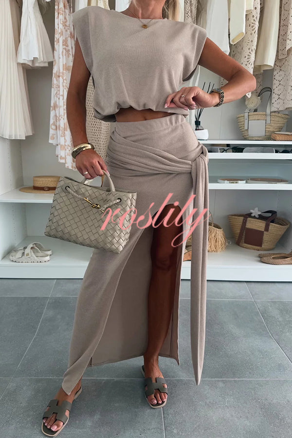 Comfortable Stylish Round Neck Sleeveless Casual Top and Elastic Waist Ruched Tie Slit Midi Skirt Set