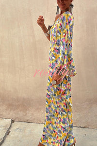 Indio Watercolor Print One Shoulder Drape Sleeve Maxi Dress