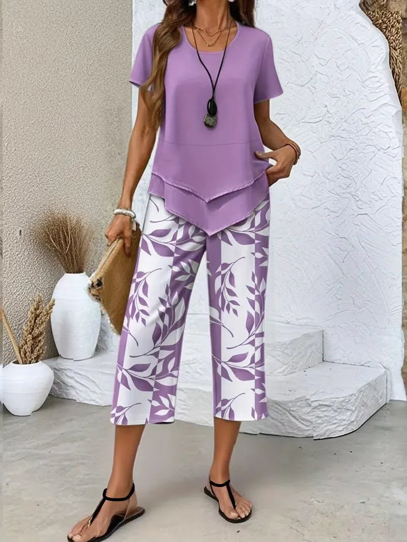Casual Leaf Print Two-Piece Set