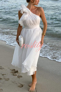 Romantic Seaside One Shoulder Frill Detail Sleeve Layered Midi Dress