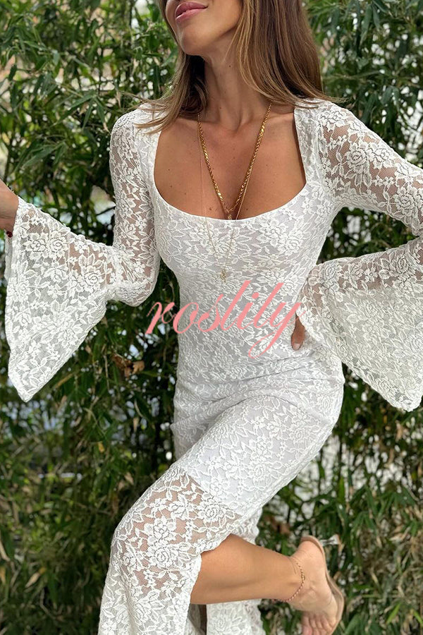 Luxe Lifestyle Lace Square Neck Bell Sleeve Lined Slit Midi Dress