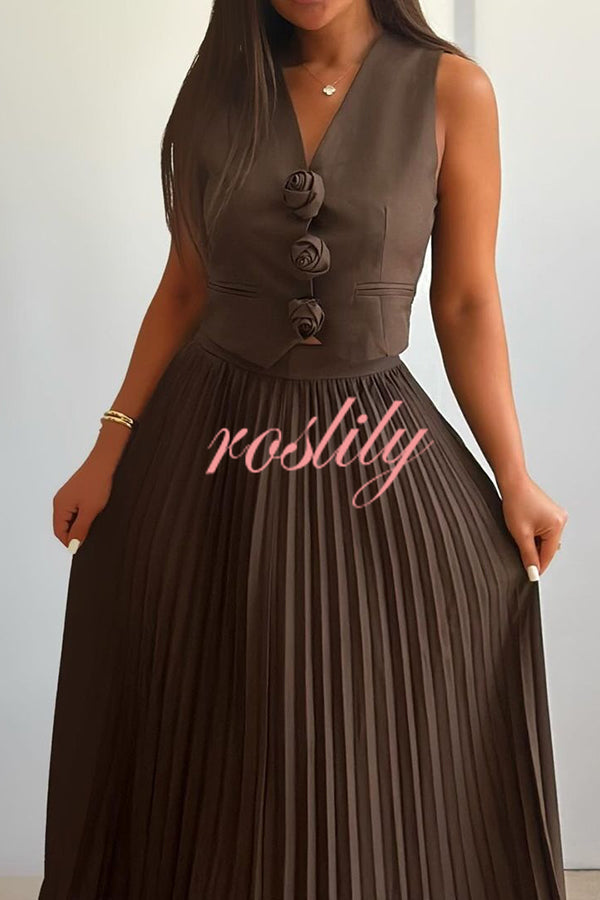 Stylish Rosette Sleeveless Tank Top and Pleated Maxi Skirt Set