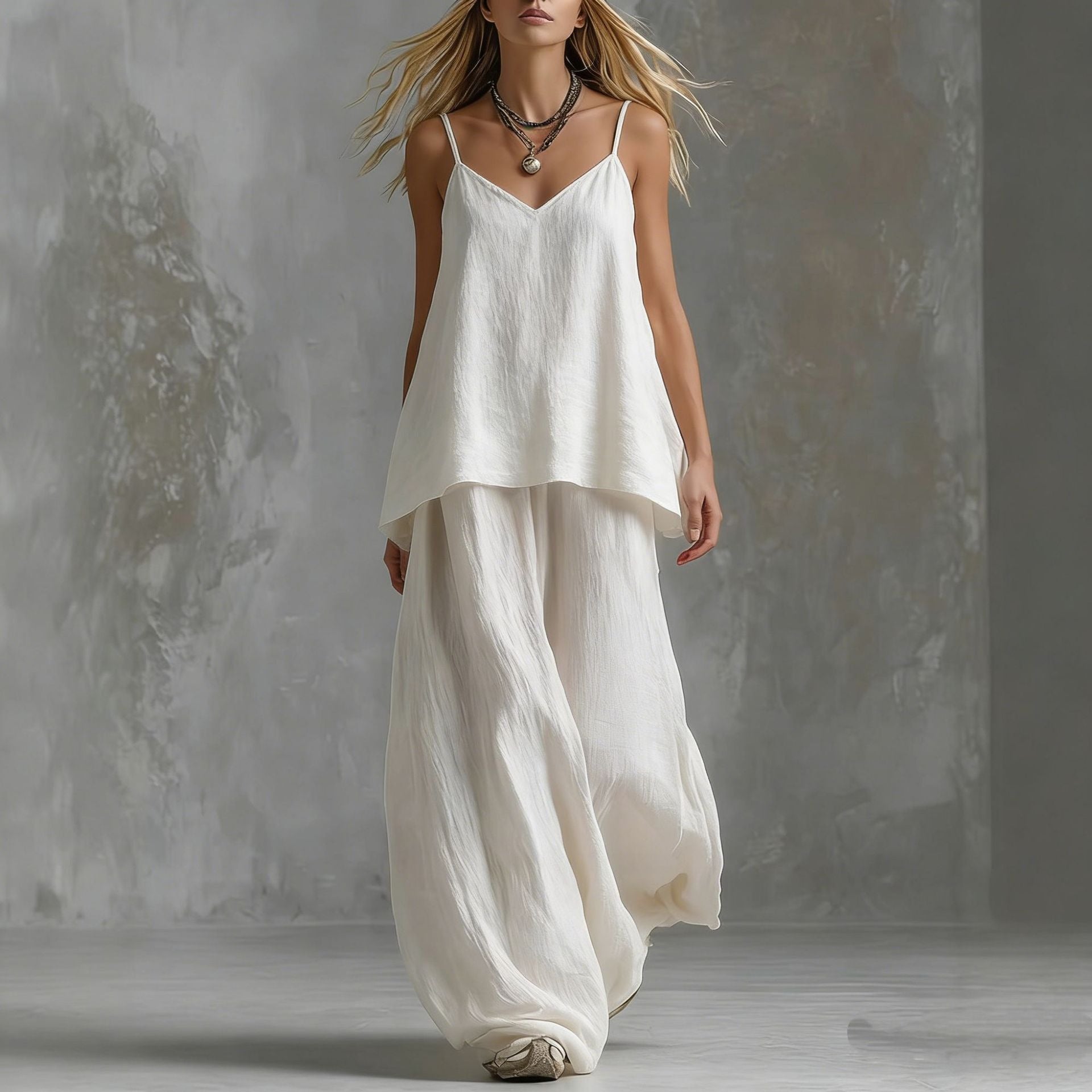 Linen Cami Two-Piece Set - V-Neck Top & Palazzo Pants