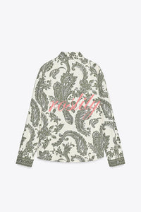 Blend Into Leaves Linen Blend Unique Print Long Sleeve Blouse and Wrap Tie-up Mini Skirt Set