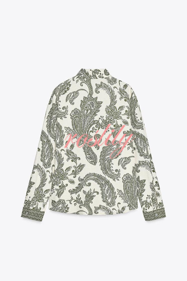 Blend Into Leaves Linen Blend Unique Print Long Sleeve Blouse and Wrap Tie-up Mini Skirt Set