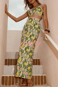Linen Blend Summer Fruit Print Camisole Top and Elegant Lace Back Slit Maxi Skirt Set