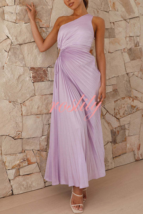 Charming One Shoulder Lace Up Cutout Pleated Maxi Dress