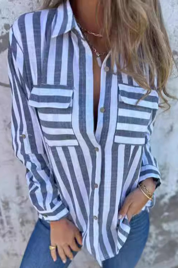 Striped Print Casual Pocket Shirt Top