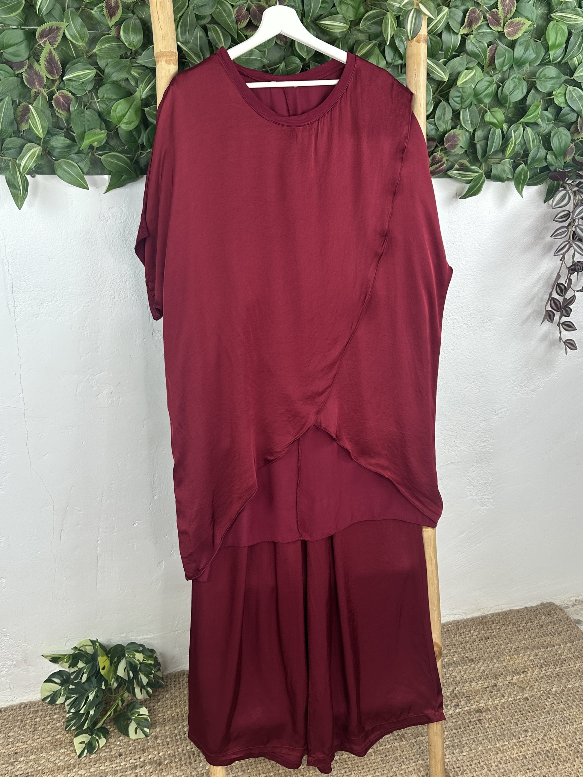 Cross-Front Satin Wide-Leg Set