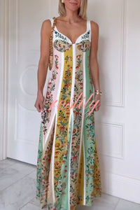 Sweet Garden Linen Blend Color Block Floral Paneled Maxi Dress