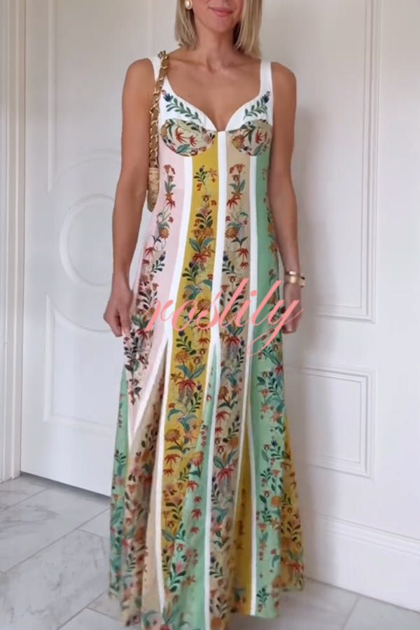 Sweet Garden Linen Blend Color Block Floral Paneled Maxi Dress