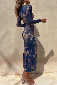 Charm Lady Mesh Overlay Tie Dye Print Long Sleeve Ruched Stretch Midi Dress