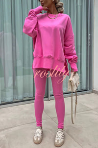 Solid Color Loose Long Sleeve SlitSweatshirt and Elastic Waist Tight Pants Set