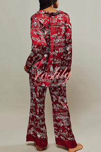 Unique Printed Lounge Long-sleeved Shirt and Elastic Waisted Baggy Pants Set