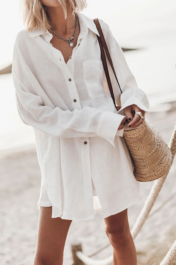 Go To The Beach Linen Blend Pocketed Long Sleeve Oversized Shirt