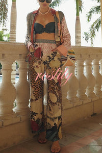 Tropical Jungle Tiger Unique Print Long Sleeve Loose Shirt and Elastic Waist Pants Set