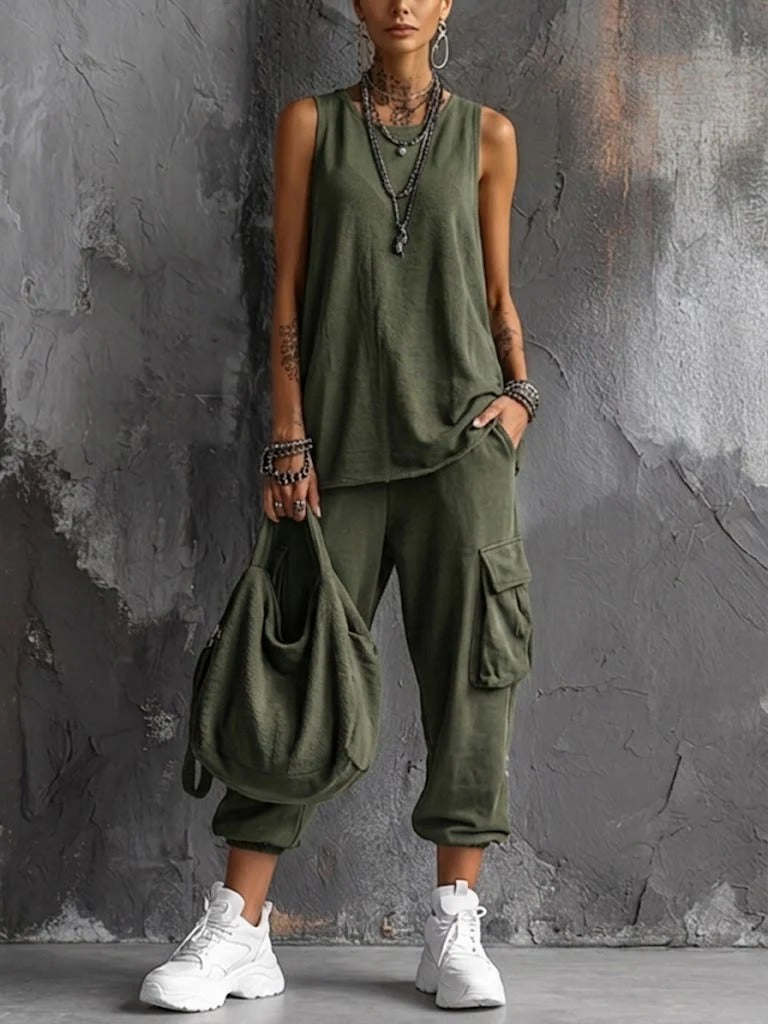 Street-style Loungewear Cargo Two-Piece Set