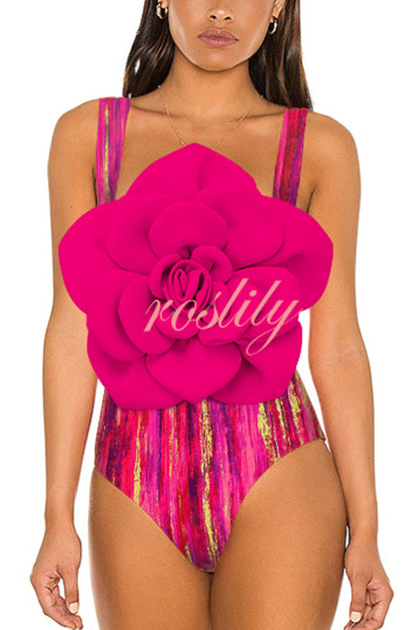 Fashionable Contrast Color Large Flower Stretch One-piece Swimsuit