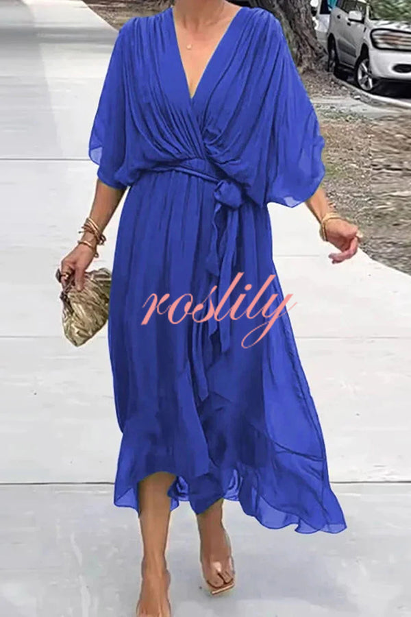 Solid Color V-neck Bat Sleeve Lace-up Irregular Hem Midi Dress