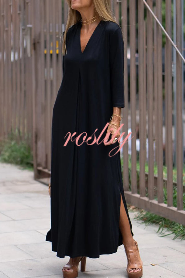 Solid Color V-neck Casual Slit Maxi Dress