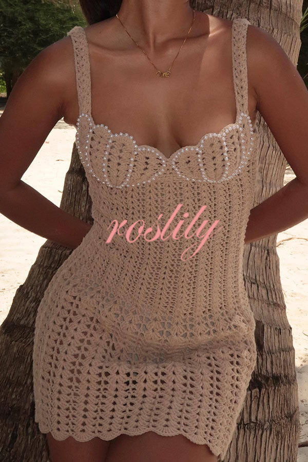 Fashion Pearl Embellished Knit Hollow Strap Mini Dress