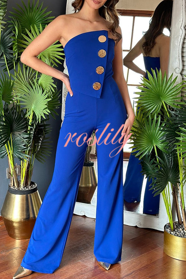 Solid Color Sexy Tube Top Gold Button Embellished Bootcut Jumpsuit