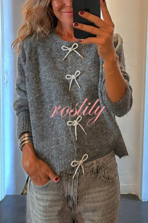 Paris Mornings Knit Front Bow Design Long Sleeve Relaxed Cardigan