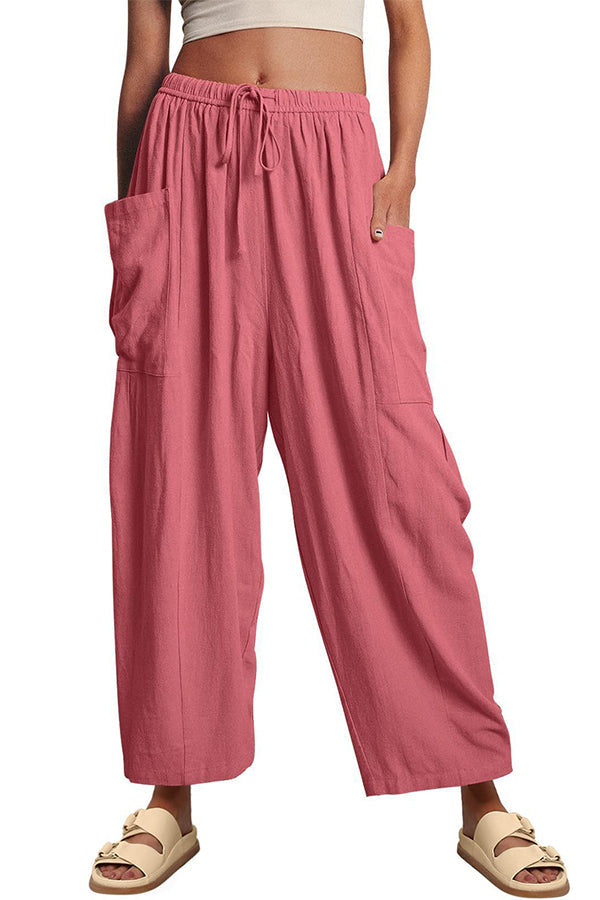 Diani Linen Blend Drawstring Waist Pocketed Loose Pants