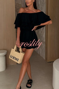 Solid Color Off-shoulder Ruffled Casual Waist Rompers