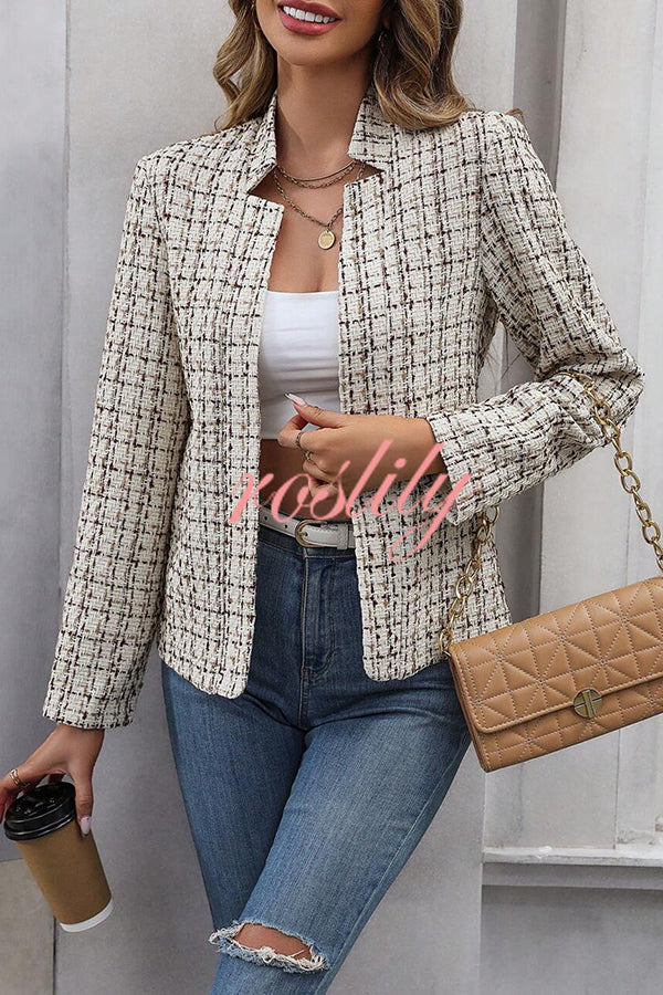 Ask You Out Tweed Plaid Long Sleeve Open Front Blazer