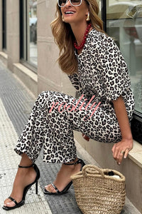 Enjoy Everyday Leopard Print Puff Sleeve Babydoll Top and Elastic Waist Pocketed Pant Set