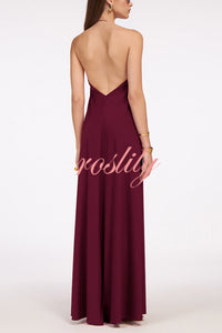 Solid Color Resort Style Halter Neck Open Back Large Hem Maxi Dress