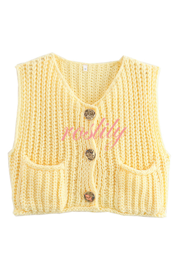 Solid Color Sleeveless Pocket Knitted Vest