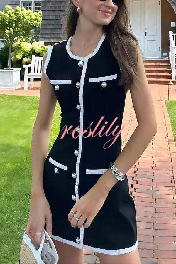 Elegant Sleeveless Round Neck Pearl Button Knitted Mini Dress