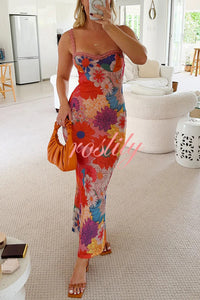 Floral Print Lace Trim Sexy Strapless Backless Slim Fit Maxi Dress