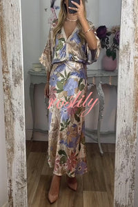 Satin Floral Print V-neck Half-sleeve Loose Top and Elegant Maxi Skirt Set