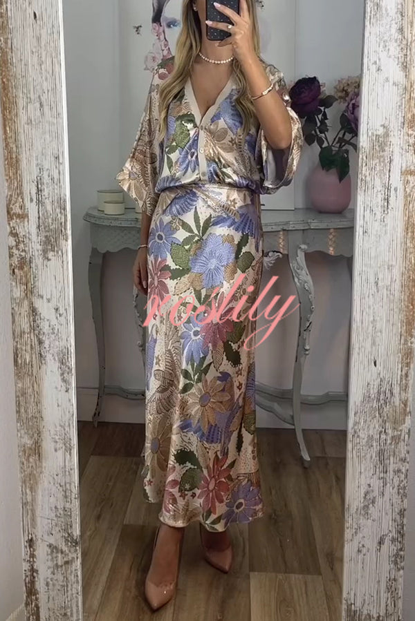 Satin Floral Print V-neck Half-sleeve Loose Top and Elegant Maxi Skirt Set