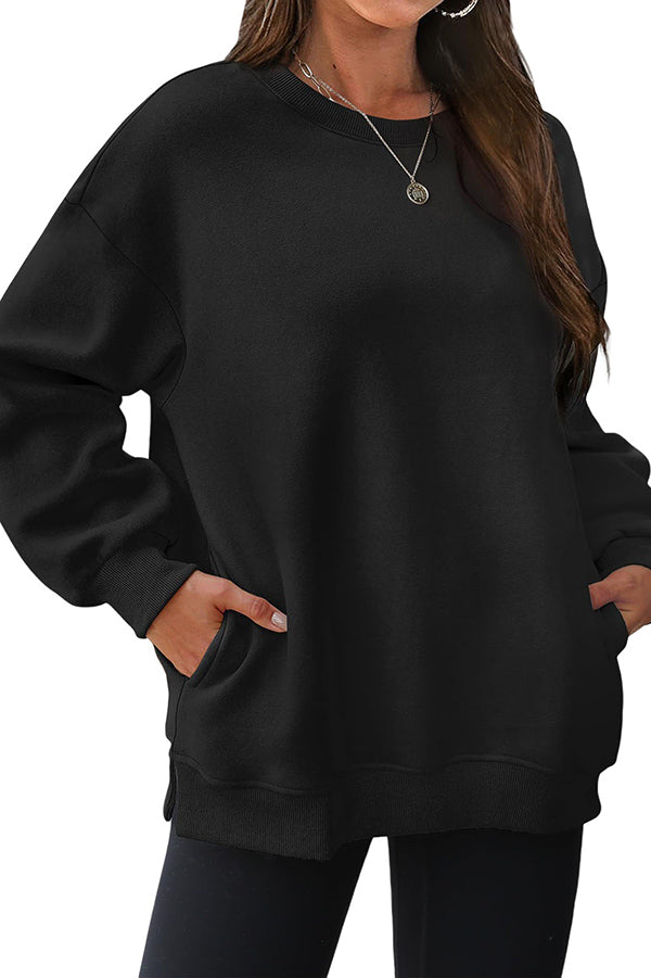 Solid Color Round Neck Pocket Loose Warm Long Sleeve Sweatshirt