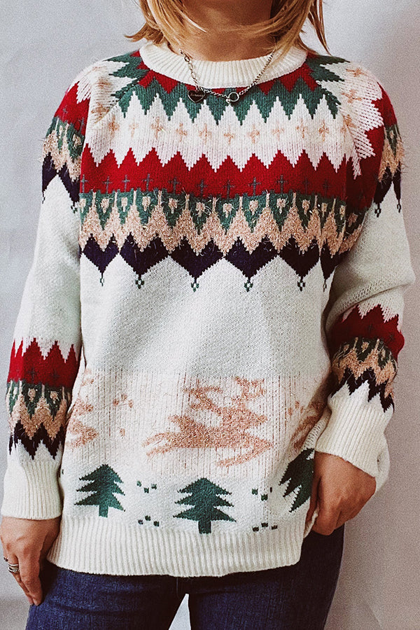 Christmas Pattern Knitted Crew Neck Long Sleeved Sweater