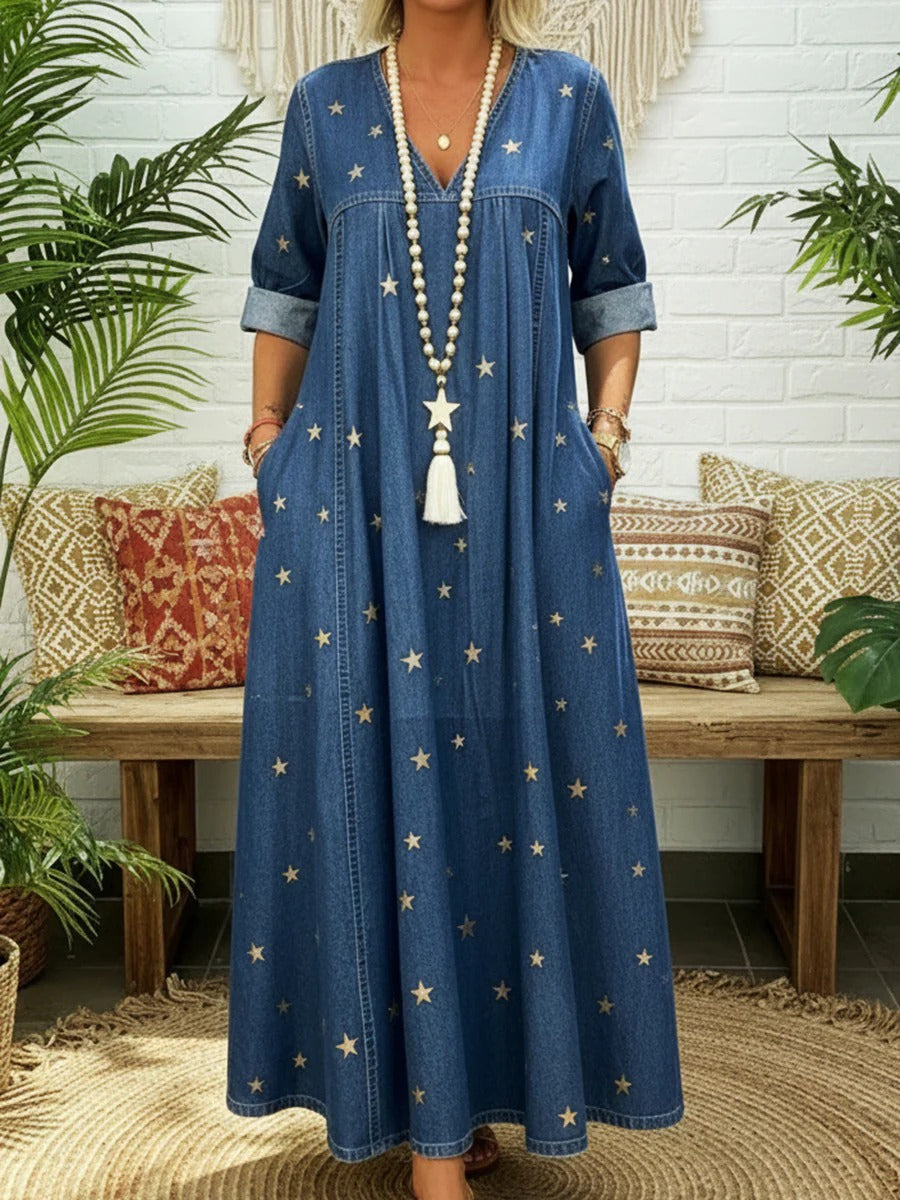 Casual Gold Star Printed Denim Dress