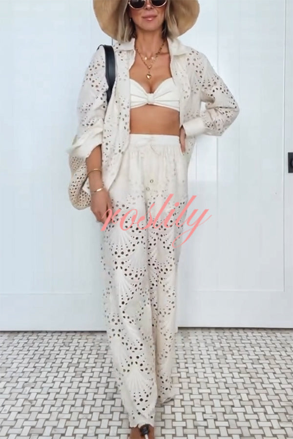 Lillah Embroidered Lace Shell Pattern Elastic Waist Pocket Wide Leg Pants