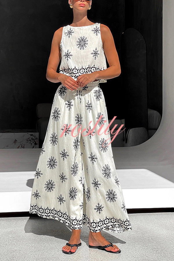Unique Printed Round Neck Sleeveless Button Top and Elastic Waist Pocket Wide Leg Pants Set