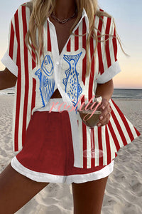 Striped Fish Print Loose Button Elastic Waist Shorts Set