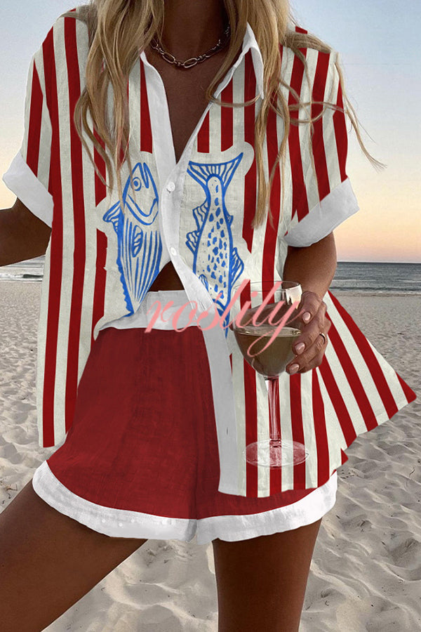 Striped Fish Print Loose Button Elastic Waist Shorts Set