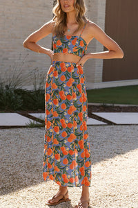 Linen Blend Summer Fruit Print Camisole Top and Elegant Lace Back Slit Maxi Skirt Set